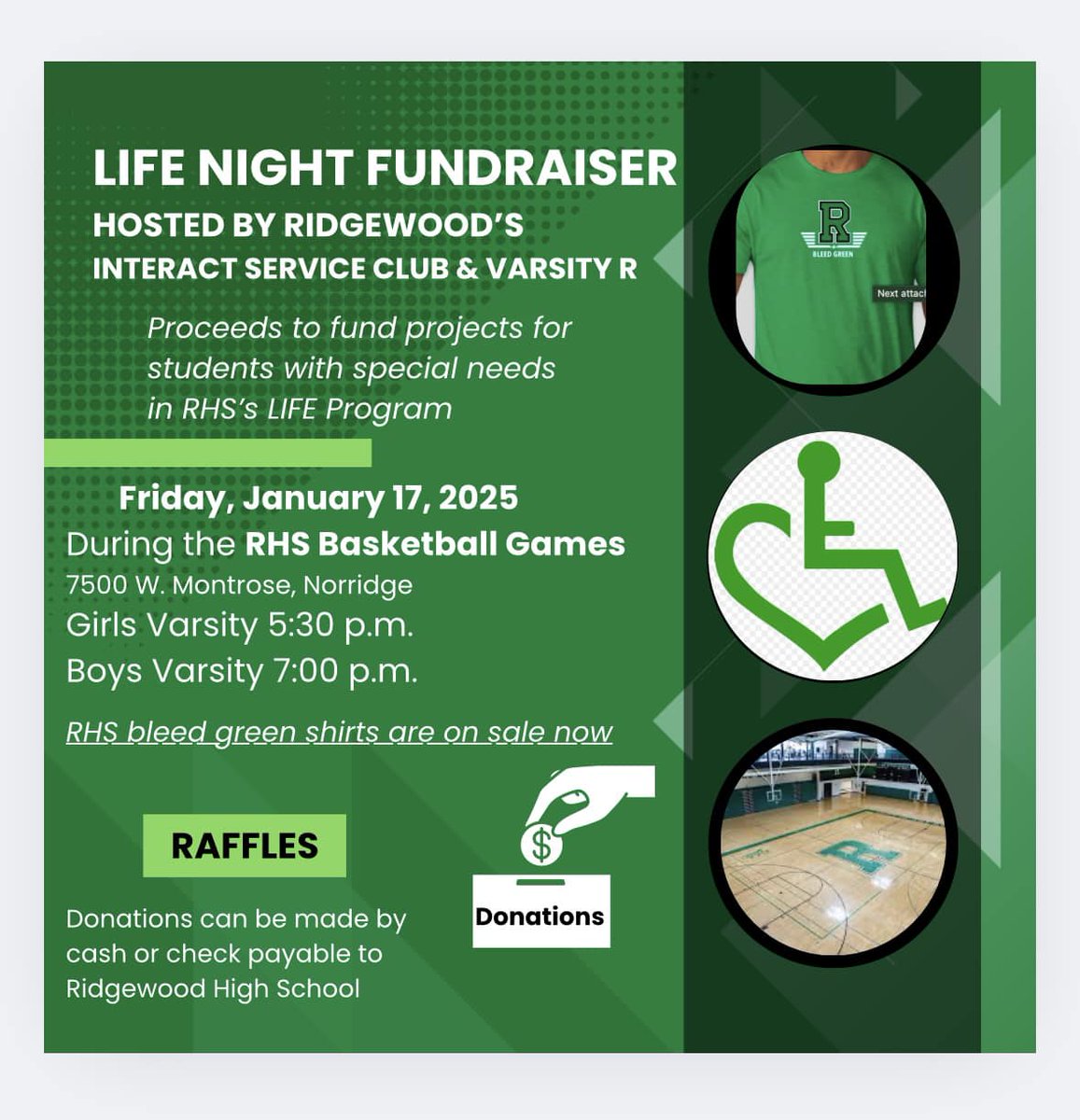 RHSRebelPride's tweet photo. Join Us for LIFE Night Fundraiser!
📅 When: Friday, January 17, 2025
⏰ Where: Ridgewood High School Basketball Games
- Girls Varsity: 5:30 PM
- Boys Varsity: 7:00 PM
#LIFENight #RHSBasketball #CommunitySupport #Fundraiser #BleedGreen https://t.co/sZx5VDWM4B