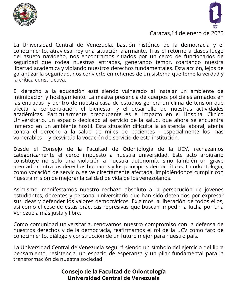 FacOUCV's tweet photo. Comunicado del Consejo de la Facultad de Odontología ante la masiva presencia de funcionarios policiales en las entradas y dentro de la UCV. https://t.co/ZOw6QIo4G3