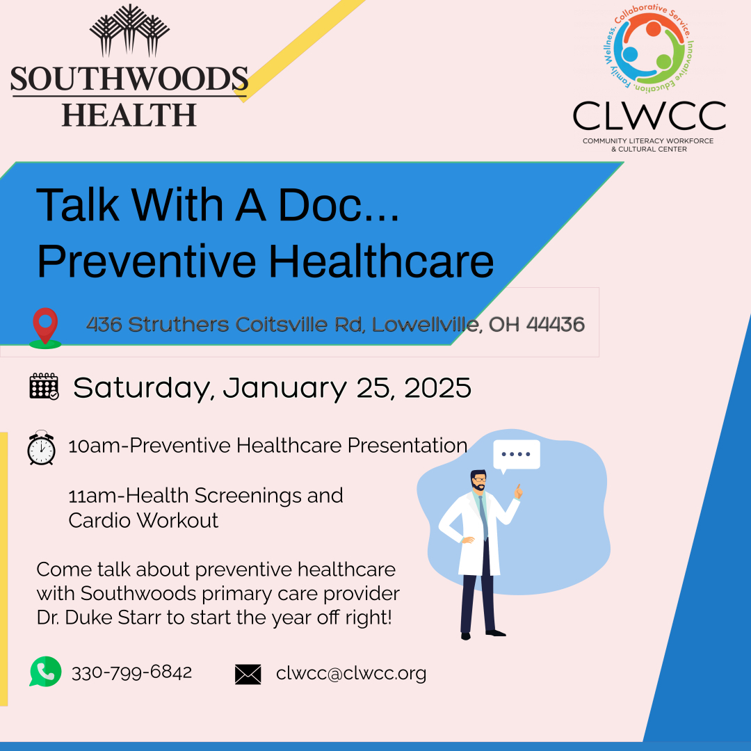 Come talk about preventive healthcare with Southwoods primary care provider Dr. Duke Starr to start the year off right, for Free!

Saturday, January 25,...
@...
436 Struthers Coitsville Rd, Lowellville, OH...
10:00 a.m. - Preventive...
clwcc.org/post-detail/~b…