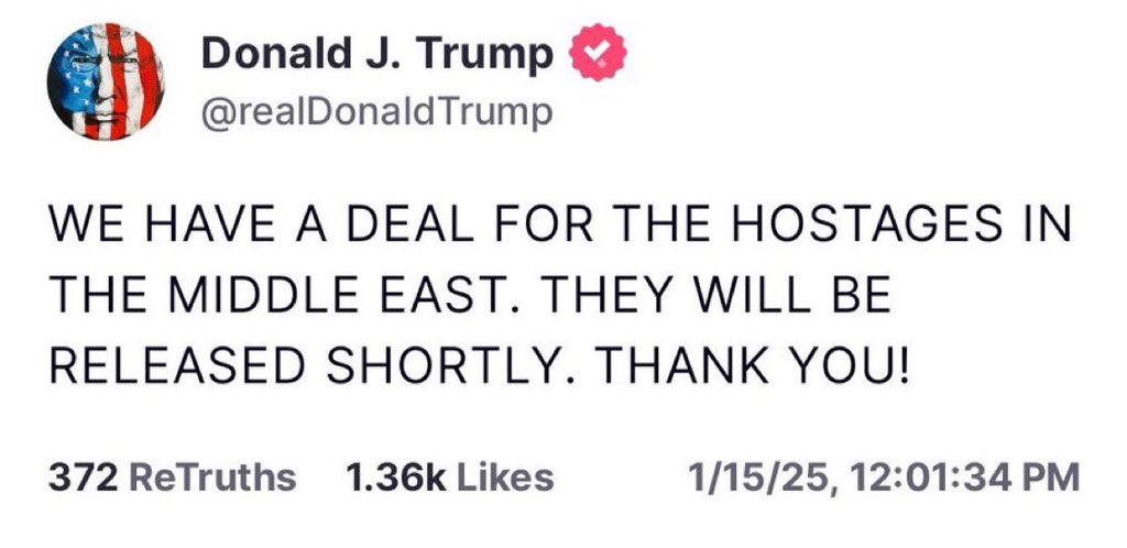 🇮🇱🇵🇸 URGENTE: Israel e Hamas chegam a um acordo de cessar-fogo em Gaza, anuncia Donald Trump, presidente eleito dos Estados Unidos.

Proposta inclui a liberação de reféns israelenses e prisioneiros palestinos.