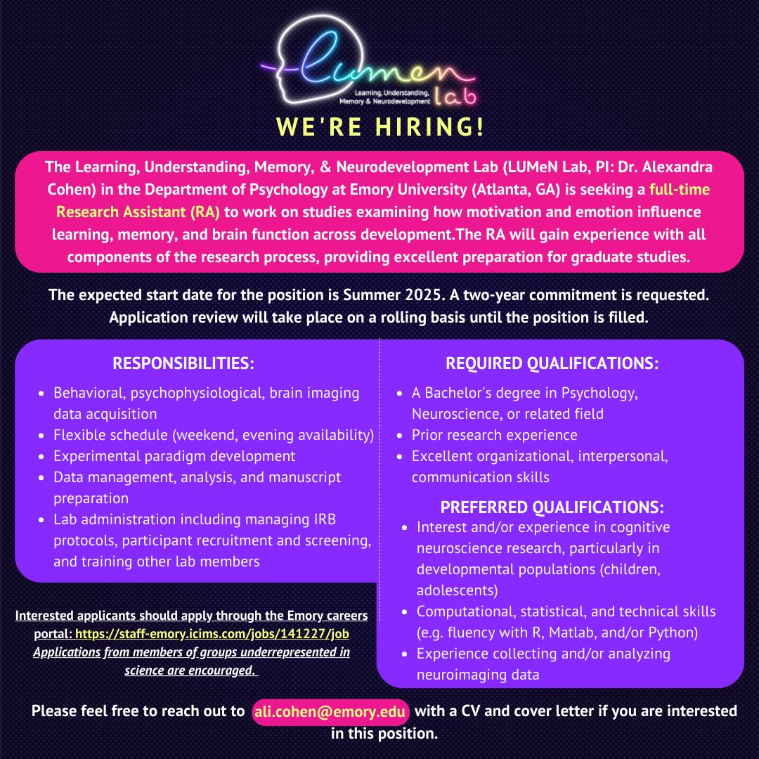 aliocohen's tweet image. We are seeking a full-time Research Specialist to become a LUMeNary @EmoryPsychology in Summer 2025! ✨
Applications accepted here: staff-emory.icims.com/jobs/141227/job
And feel free to reach out to me!