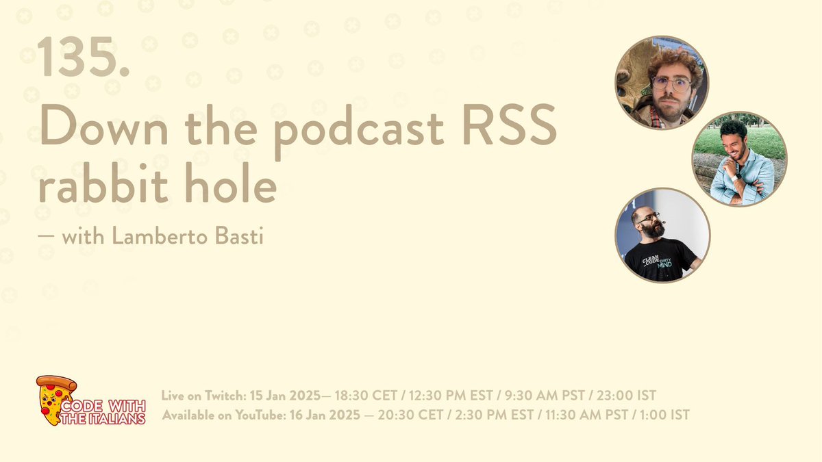 codewiththeita's tweet image. 🔴 We’re LIVE! 🎙️ Join us as we follow Lamberto Basti down the podcast RSS rabbit hole. 🐇 It’s nerdy, it’s fun, it’s now! cwti.link/live #LivePodcast #TechStream