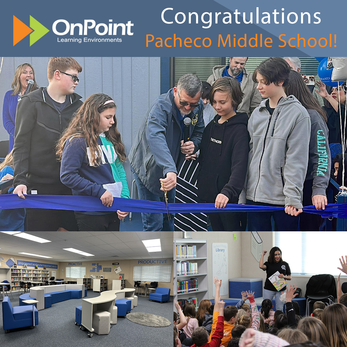 OnPointEdu's tweet photo. Thanks to Pacheco Middle School and Pacheco Union School District for including OnPoint in your ribbon cutting ceremony! We valued the opportunity to support your school and bring your vision of a new library to life!

#ButteCOE #ShastaCOE #PachecoUSD #MiENEnvironments #AmTab https://t.co/lIPNqGnC7D