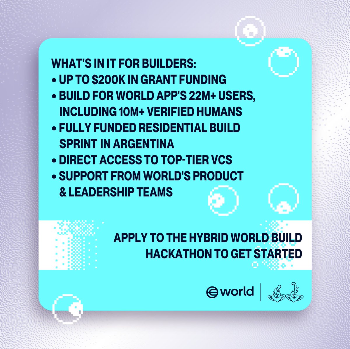 **Calling All Builders** Introducing World Build: a collaborative program between <a href="/worldcoin/">World</a> and FWB – in partnership with <a href="/blockchaincap/">Blockchain Capital</a>  <a href="/Alchemy/">Alchemy</a>  <a href="/BainCapCrypto/">Bain Capital Crypto</a>  <a href="/variantfund/">Variant</a>  – to build the next generation of breakout Mini Apps for World’s 22M+ users.

🛠️ What's in it for