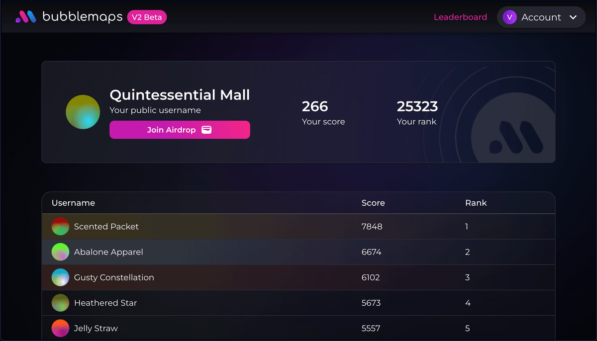 2/ Go to the leaderboard on Bubblemaps V2 and hit “Join Airdrop” Enter your  Solana wallet and fill out the form Some surprises are waiting there 👀
