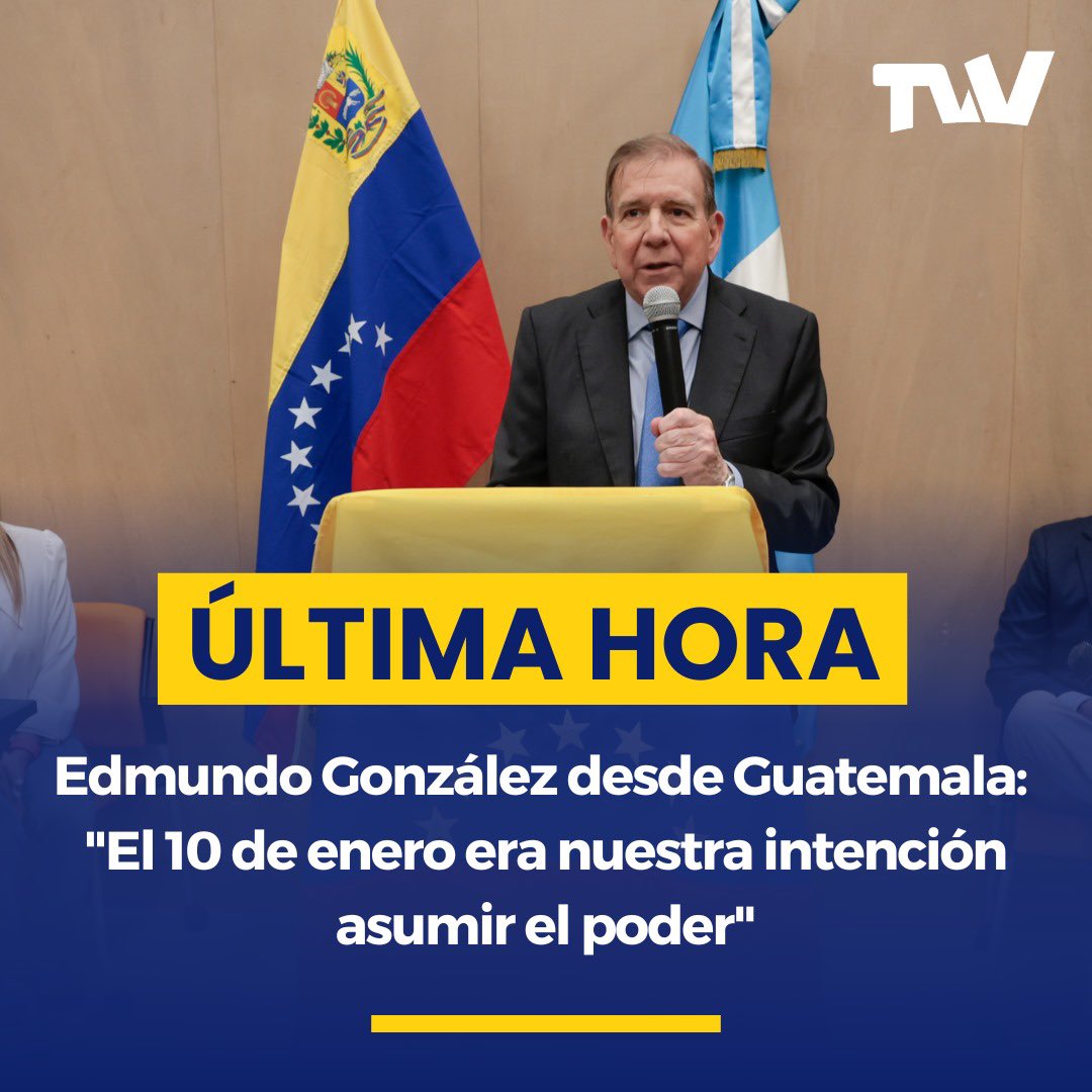 TVVnoticias's tweet photo. ÚLTIMA HORA 🚨 Edmundo González desde Guatemala: “El 10 de enero era nuestra intención asumir el poder” 

Durante su visita a Guatemala, Edmundo González declaró que el plan inicial era asumir el poder el pasado 10 de enero, pero la estrategia se ha ajustado en función de las circunstancias. 

“Estamos dejando esa decisión para el momento en que la oportunidad lo permita y haga valer la expresión de 8 millones de venezolanos”, afirmó, haciendo referencia al respaldo recibido en su lucha por la democracia en Venezuela.

Noticia en desarrollo….