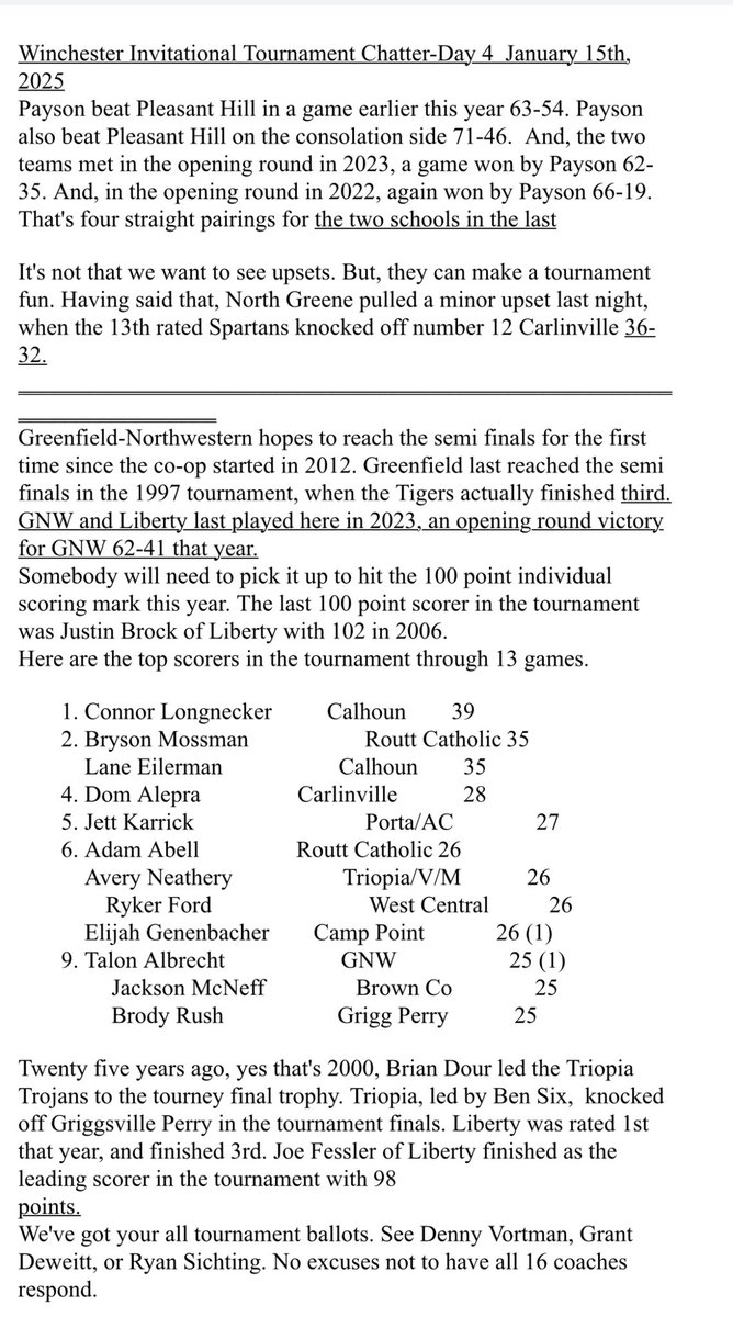 WITTourney's tweet photo. 102nd WIT - Day #4

Gates will open at 4:30pm
Gym doors will open at 5:00pm

5:30pm - #10 Payson-Seymour vs. #15 Pleasant Hill

7:00pm - #11 Carrollton vs. #14 Camp Point 

8:30pm - #3 Greenfield-NW vs. #6 Liberty

Pictures shows Day 4 WIT Chatter provided by WEAI. https://t.co/b6ICCwvd7e