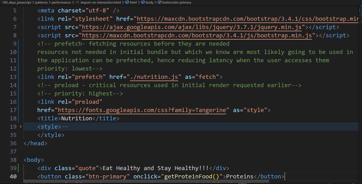 PraneethaG4's tweet image. 🚀 Day 91 of #100DaysOfJavaScript
Learnt: Performance Pattern
- Prefetch - fetch resources that will be required in future and caches it
- Preload - fetch critical resources that are required in the initial render
Will dive into optimizing loading 3rd parties next!
#javascript