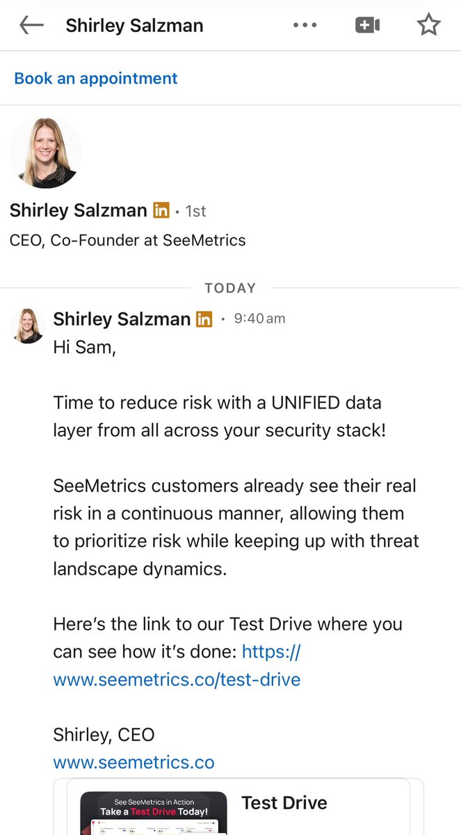 SamMiorelli's tweet photo. First up: @ShirleySalzman, CEO at @seemetrics. Shirley added me a few days ago. No other messages. No context. Just a pitchslap. Is Shirley even real? Maybe she’s just a bot. @8vc is an investor, are they telling their portcos to do LinkedIn spam? https://t.co/h1hmBIn0Xf