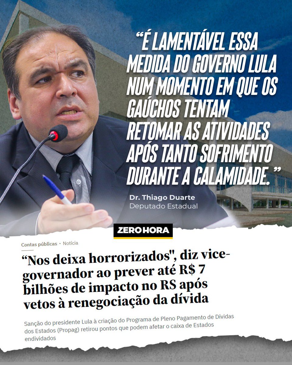 drthiagoduarte's tweet photo. Rio Grande do Sul vai ter dificuldades financeiras na reconstrução do Estado se forem mantidos os vetos do presidente Lula no programa de Pagamento de Dívidas dos Estados. https://t.co/wWVrPkNpvo