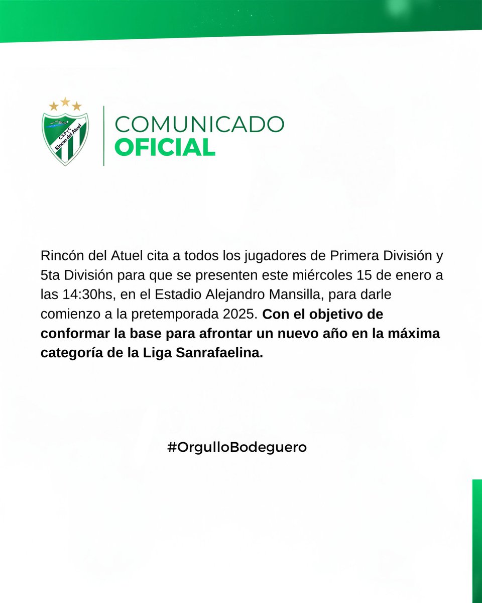 Comienza la pretemporada 2025. 💚🤍

Citamos a todos los jugadores de Primera División, reserva y 5ta División.