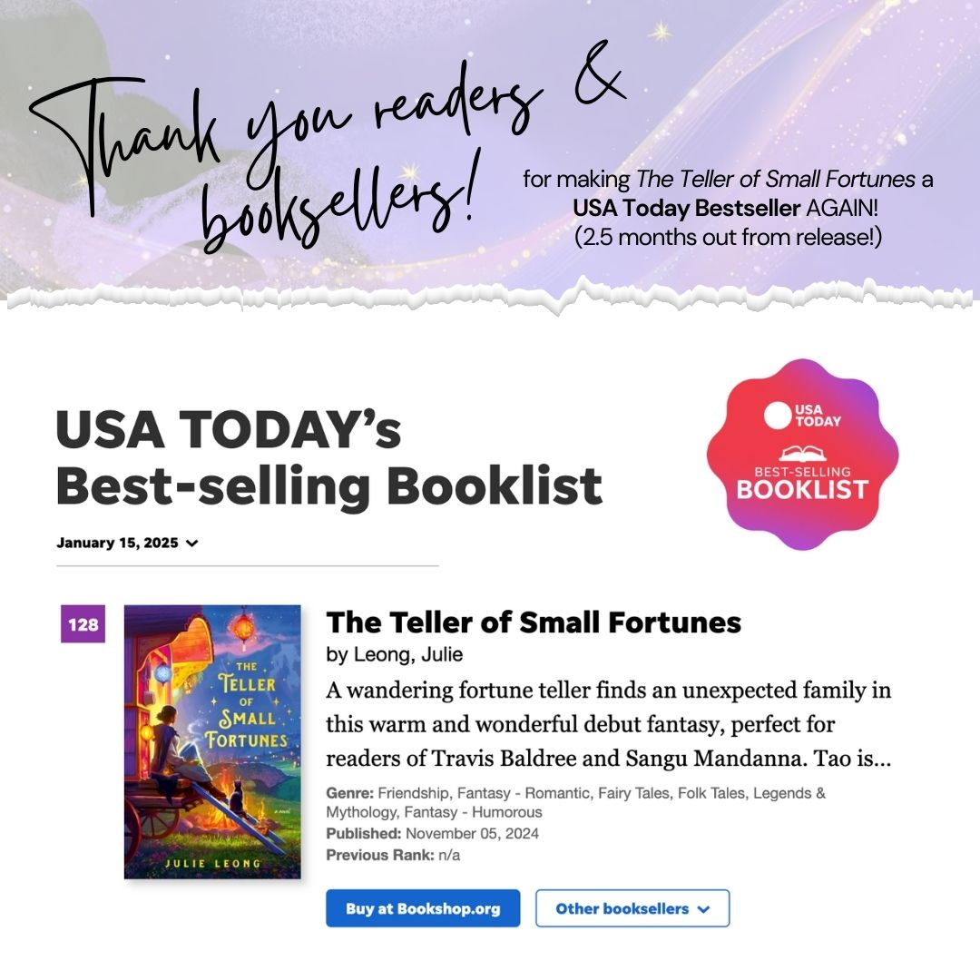 JulieLeongBooks's tweet image. I was confused this AM when some friends congratulated me on making the USA Today bestseller list. "Thank you!" I said. "But that was over 2 months ago?"
And then they told me to check today's list. Somehow, TToSF is ONCE AGAIN a bestseller! Thank you, booksellers/readers!! ❤️