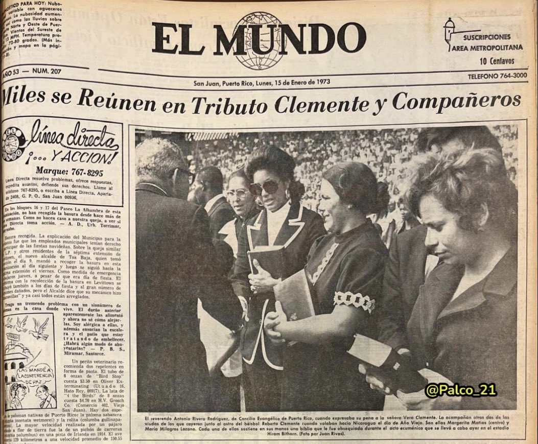 Palco_21's tweet photo. Estadio Hiram Bithorn San Juan PR 🇵🇷  “ Tributo Clemente y Compañeros ” @ Portada periodico El Mundo SJPR 🇵🇷 En enero 15 del 1973 #RobertoClemente #Nicaragua #52AñosDespues #Elastroboricua 🇵🇷👇🏼 https://t.co/2O8Pv2Z5Gs
