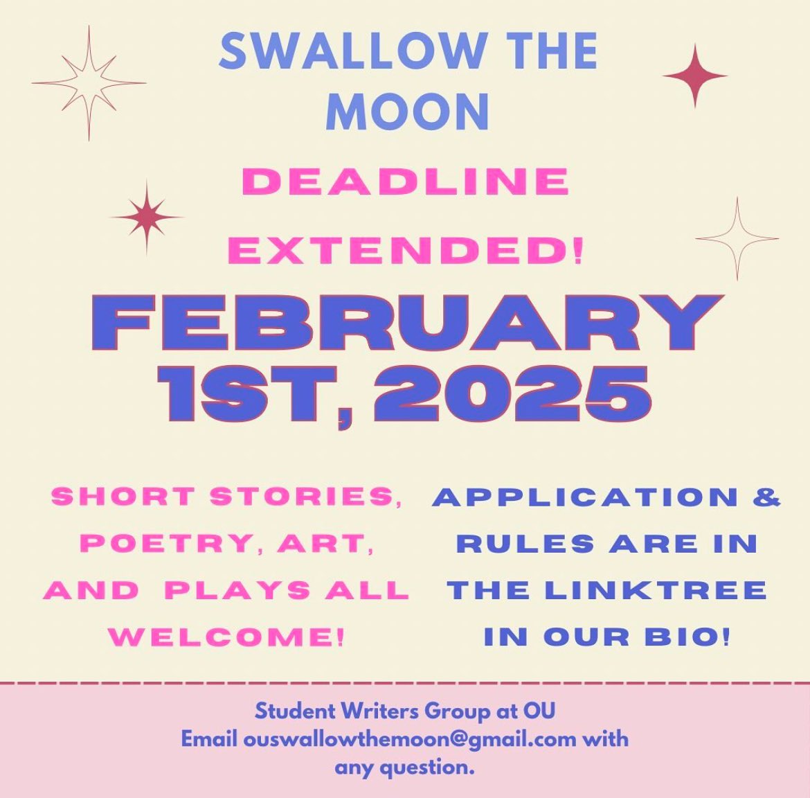 Until Feb. 1st @studentwritersatou is accepting submissions for their annual journal, Swallow the Moon. This is a great chance to get some of your work published — everything you need is in their bio!

#oaklanduniversity #writing #rhetoric