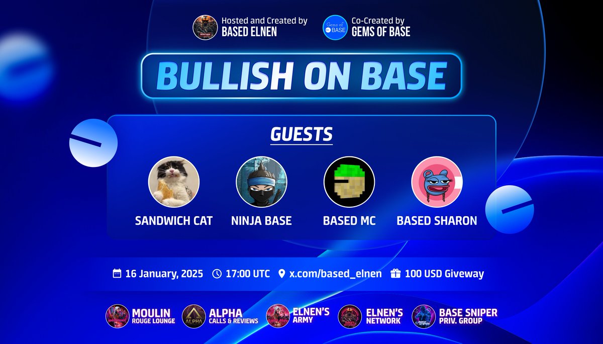 🎙BULLISH ON BASE 📈
🔹THURSDAY 16.1. 17:00 UTC ⌛️

💵GIVEAWAY -> 100 USD 💵

🧾RULES 👇
1️⃣ LIKE &amp; RETWEET.
2️⃣ TAG 2 FRIENDS.
3️⃣ FOLLOW <a href="/based_elnen/">Based Elnen</a> <a href="/GemsofBase/">Gems of Base</a>
4️⃣ JOIN SPACES👉x.com/i/spaces/1BRJj…