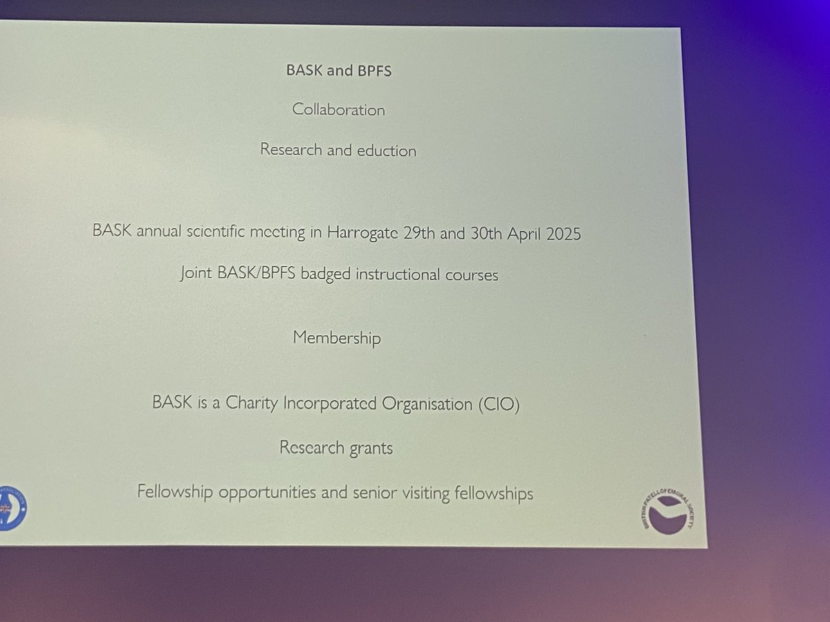 BritishPFSoc's tweet photo. Mr Alastair Santini Current President BASK @baskonline highlighting his aim for close collaboration between our societies 

•Research
•Education
•Membership

#BPFS2025 https://t.co/WEbDeTFMN0