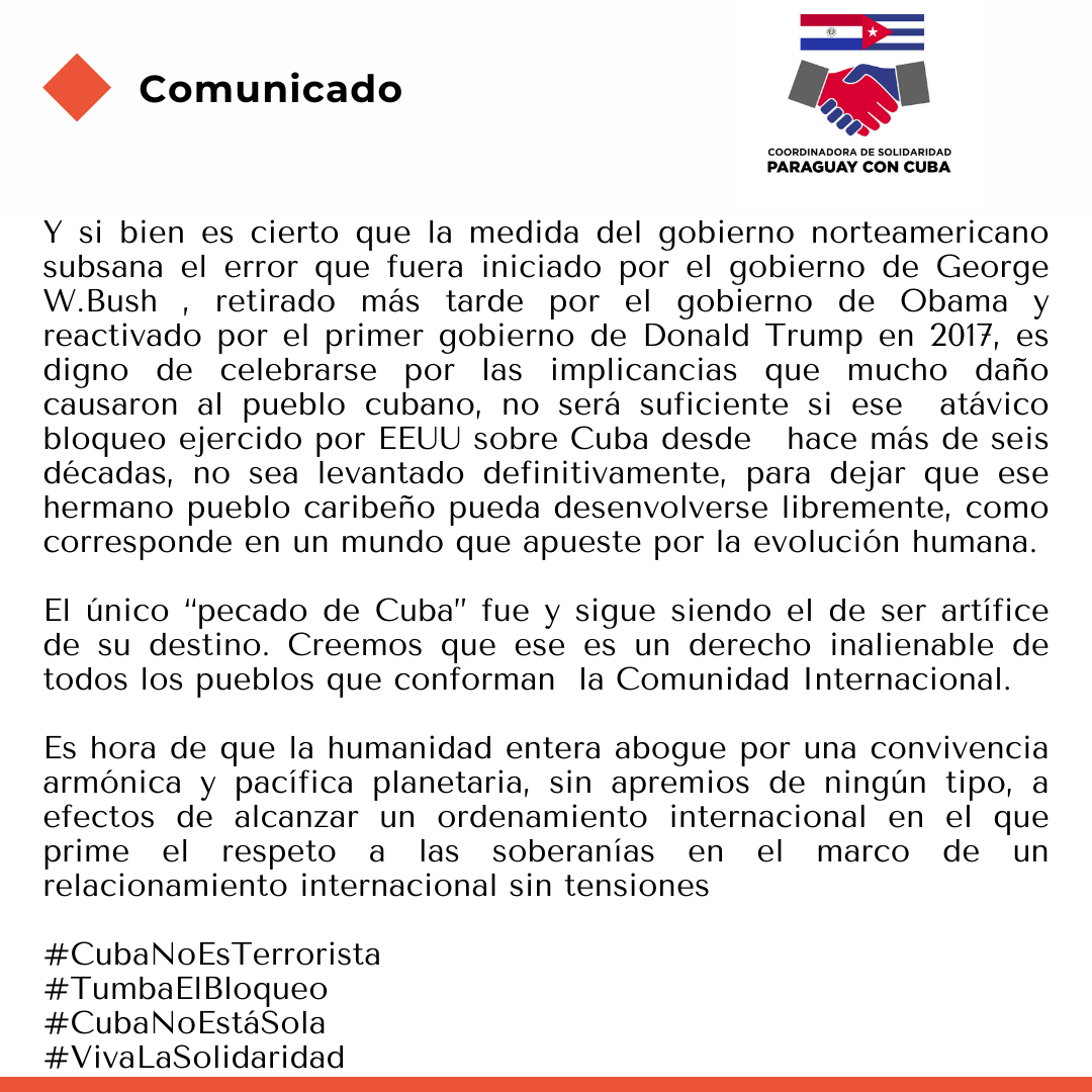 Comunicado a la opinión pública sobre la exclusión de Cuba de la lista de países patrocinadores del terrorismo. @CubaPlataforma