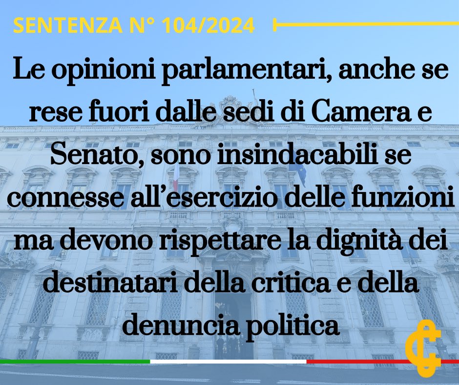 Le opinioni parlamentari anche se rese fuori dalle sedi di Camera e Senato sono insindacabili se connesse all'esercizio delle funzioni ma devono rispettare la dignità dei destinatari della critica e della denuncia politica

La sentenza 104/2024 in 3 minuti
youtu.be/-IEoIy0v7m0?fe…