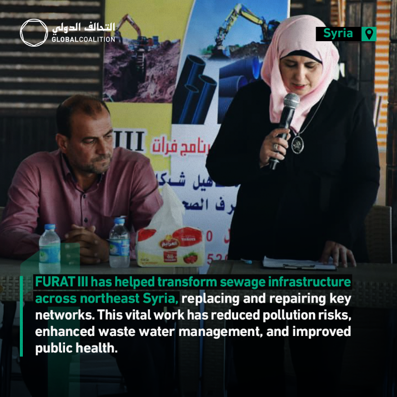 coalition's tweet photo. Daesh devastated communities in northeast Syria, leaving critical infrastructure in ruins. With US funding, the FURAT III programme has helped restore vital services across the region, from sewage systems to housing and community infrastructure. Read more below. #RebuildTogether