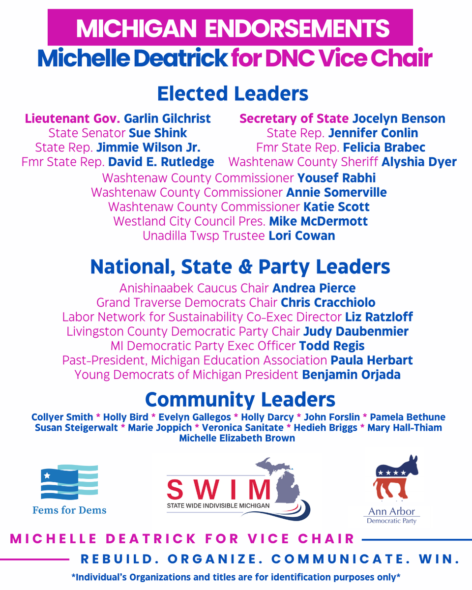 MDeatrick's tweet photo. Beyond honored to receive the endorsement of so many inspiring fellow Michiganders in my race for Vice Chair of the DNC. #DNCRace #MIDems https://t.co/GKNY8Xe1SW