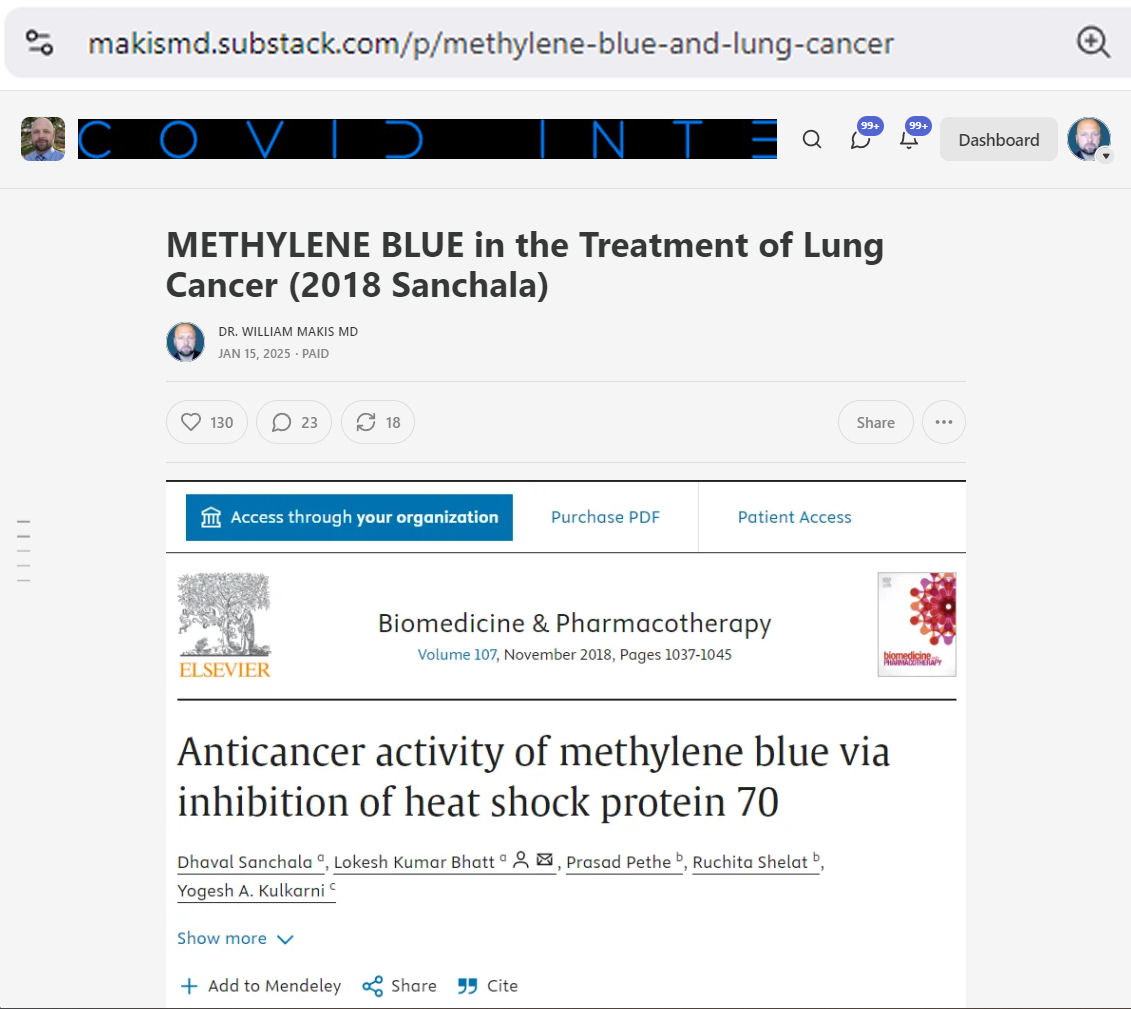 MakisMedicine's tweet photo. New Article: METHYLENE BLUE in the Treatment of Lung Cancer (2018 Sanchala)
2018 Sanchala et al: “Anticancer activity of methylene blue via inhibition of heat shock protein 70”
Heat shock protein 70 (Hsp70) and heat shock protein 90 (Hsp90) chaperones are indispensable to lung cancer cells for their survival and proliferation
"In this study we evaluated and compared anticancer potential of methylene blue (MB) as an Hsp70 inhibitor"
Heat shock proteins are also known as apoptosis inhibitors
Hsp70 over-expression is associated with adverse prognosis and resistance to chemotherapy
Authors tested Human NSCLC Cell line A549 with Methylene Blue (MB) and Novobiocin (NB) a well known Hsp90 inhibitor
Results:
“Treatment with MB demonstrates superior anticancer activity”
“MB demonstrated dose and time-dependent decrease in A549 (lung cancer) cells viability %”
“Treatment with MB induces early apoptosis and demonstrates superior apoptotic activity versus NB”
“Treatment with MB alone significantly inhibits Hsp70”
In vivo: “Mice treated with MB+NB and MB alone demonstrates improvement in lung tumor markers and antioxidant levels in addition to improvement in body weight by treatment with MB alone”
In vivo: “Mice treated with MB and MB+NB resulted in improved lung micro architecture and less proliferative lesions”
CONCLUSION:
“Based on our evidence, methylene blue as an Hsp70 inhibitor is a potent and promising anticancer agent. "
"Methylene blue demonstrated potent and superior (versus Novobiocin) antineoplastic activity in vitro and in vivo.”
I'm doing a deep dive now into methylene blue, the peer-reviewed research and how to apply it as a potential "repurposed drug" in the treatment of Cancer.
This will be the first in a series of articles...
Article Link in photo to avoid shadowban, just re-type the URL in the first photo at the top, into your browser to access
@joerogan