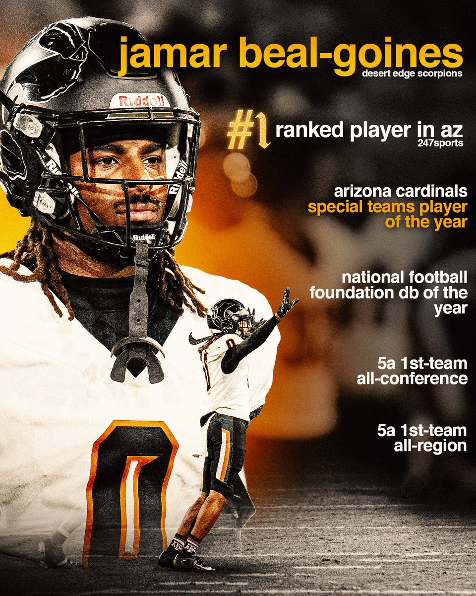 #1 Rated Recruit in Arizona ✅

<a href="/AZCardinals/">Arizona Cardinals</a> Special Teams Player of the Year ✅

National Football Foundation DB of the Year ✅

1st Team All Region DB ✅

1st Team All Conference DB ✅

Congratulations <a href="/JamarBealGoines/">Jamar Beal-Goines</a> !