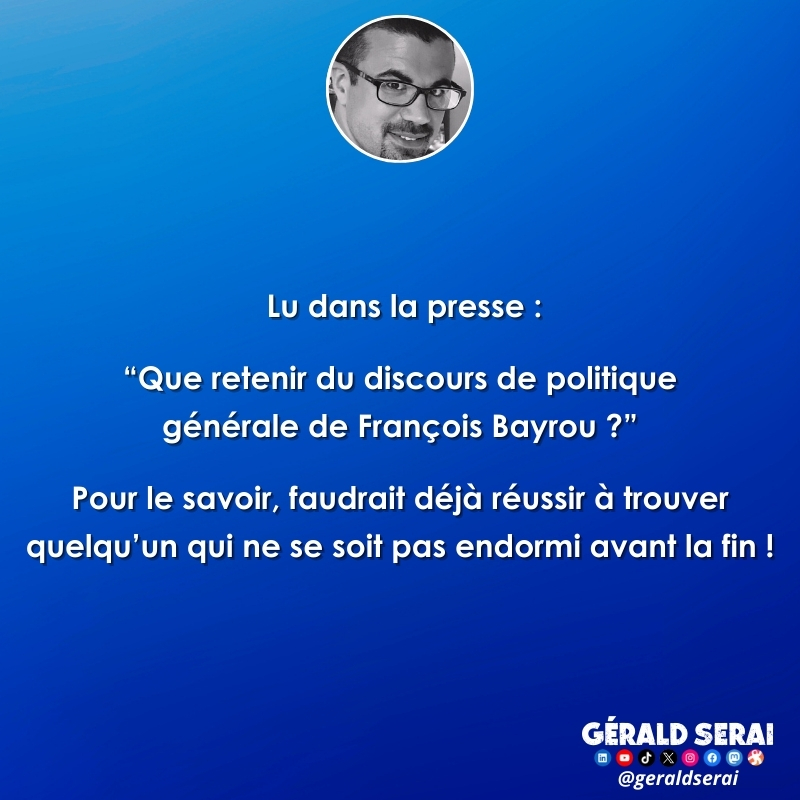 GeraldSerai's tweet photo. #bfn #breakingfakenews #humour #brèves #actualite #Bayrou #bayroudpg #discoursdepolitiquegenerale
Impertinemment vôtre ! 😜🔔 https://t.co/sejfGPzoK8