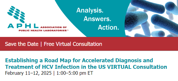 📅 SAVE THE DATE 📅 
On February 11 - 12, <a href="/APHL/">APHL</a> is holding a virtual consultation with clinicians, scientists, laboratorians &amp; public health experts to discuss same day and viral first testing strategies for the diagnosis of #HCV infection. Register today: bit.ly/40iDbfe