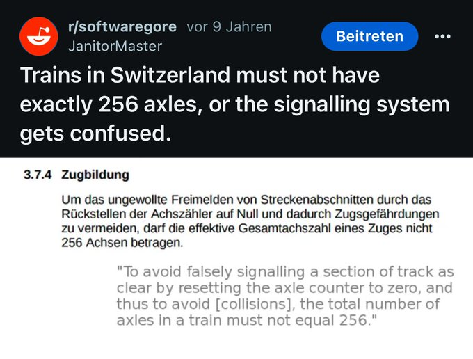 TheDevilOps's tweet image. Si tu tren tiene 255 ejes está bien, si tiene 256 hay riesgo de overflow. Suizos dándolo todo.

@devruso @sisamon @WinixRun @jreypo @constrainterror @TaiksonTexas @PurpleOperator @MarcosBL @rfog42