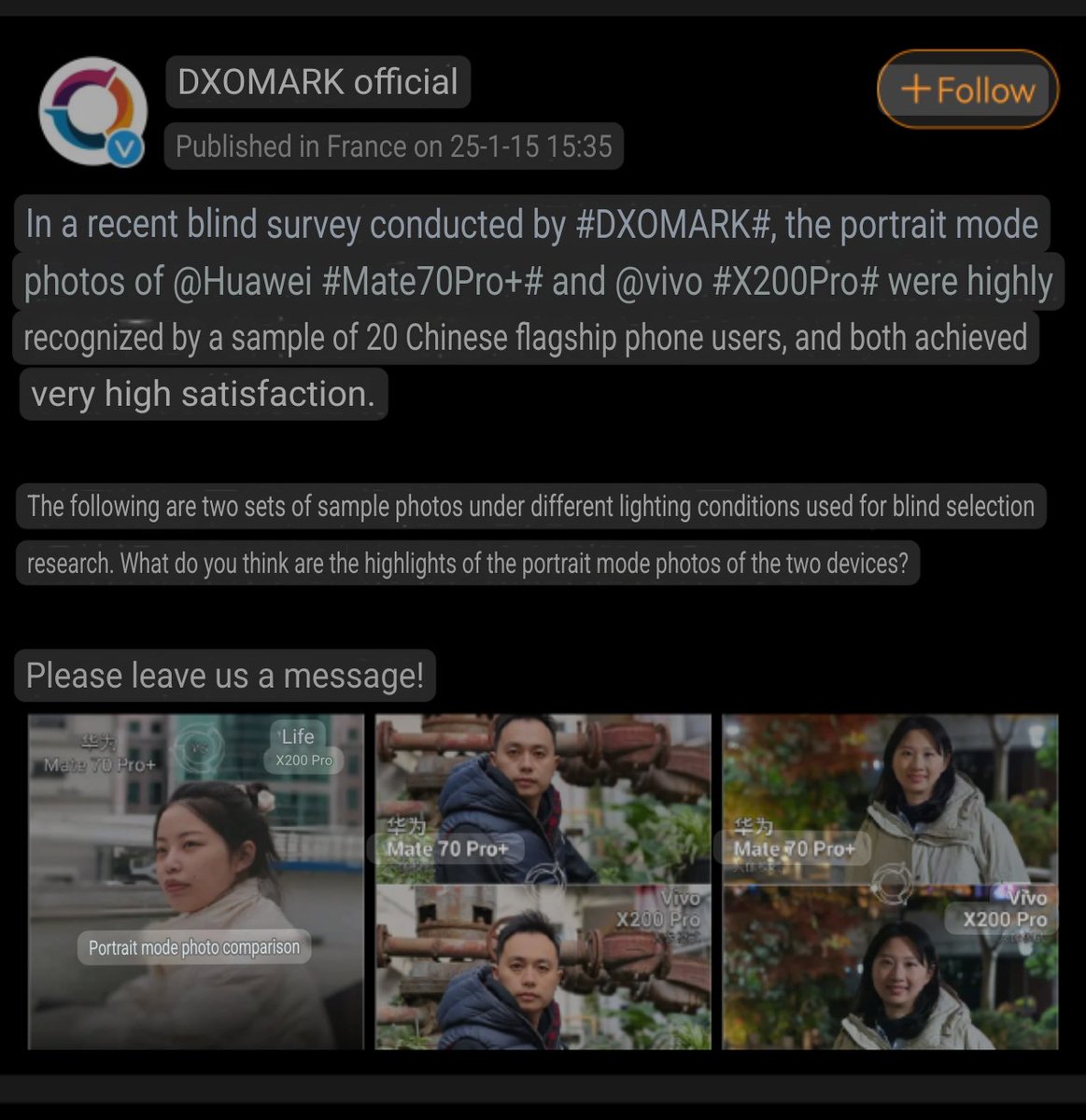 I3d3m's tweet photo. In a recent blind survey conducted by #DXOMARK#, the portrait mode photos of @Huawei #Mate70Pro+ and @vivo #X200Pro were highly recognized by a sample of 20 Chinese flagship phone users, and both achieved very high satisfaction.
Source #DXOMARK Official
#Weibo
Greetings💌 https://t.co/svd3SDIL31