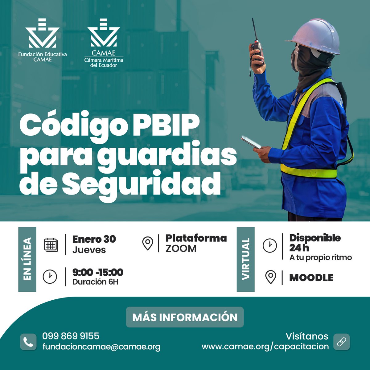CamaraMaritimaE's tweet image. 🚨⚓ ¡Atención Guardias de Seguridad! ⚓🚨

Capacítate en el Código PBIP y refuerza tus conocimientos en seguridad portuaria.

📅 29 de enero | 💻 Modalidad virtual | 📜 Certificación incluida

📩 ¡Inscríbete ahora! 👉 bit.ly/FCAMAEinfo

#CódigoPBIP #SeguridadPortuaria