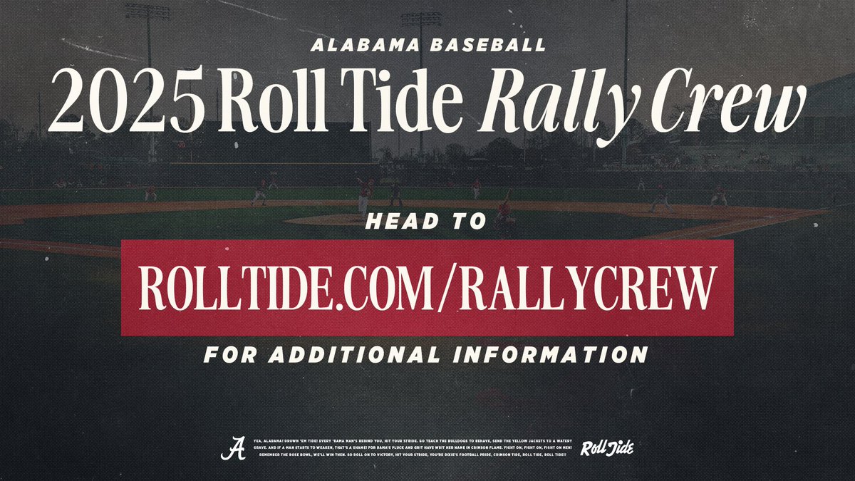 Crimson Chaos (@crimson_chaos) on Twitter photo ‼️ It’s the LAST DAY to apply to <a href="/AlabamaBSB/">Alabama Baseball</a> Rally Crew ‼️
Check out the link for more info & the application 👏
🔗 rolltide.com/rallycrew ‼️ It’s the LAST DAY to apply to <a href="/AlabamaBSB/">Alabama Baseball</a> Rally Crew ‼️
Check out the link for more info & the application 👏
🔗 rolltide.com/rallycrew