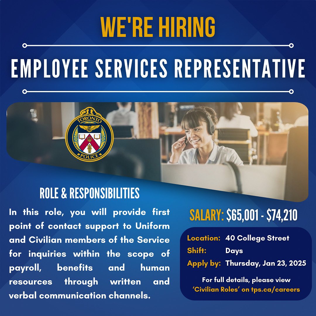 🚨You can find Civilian opportunities on our website! Visit ‘Civilian Roles’ on tps.ca/careers 🚨