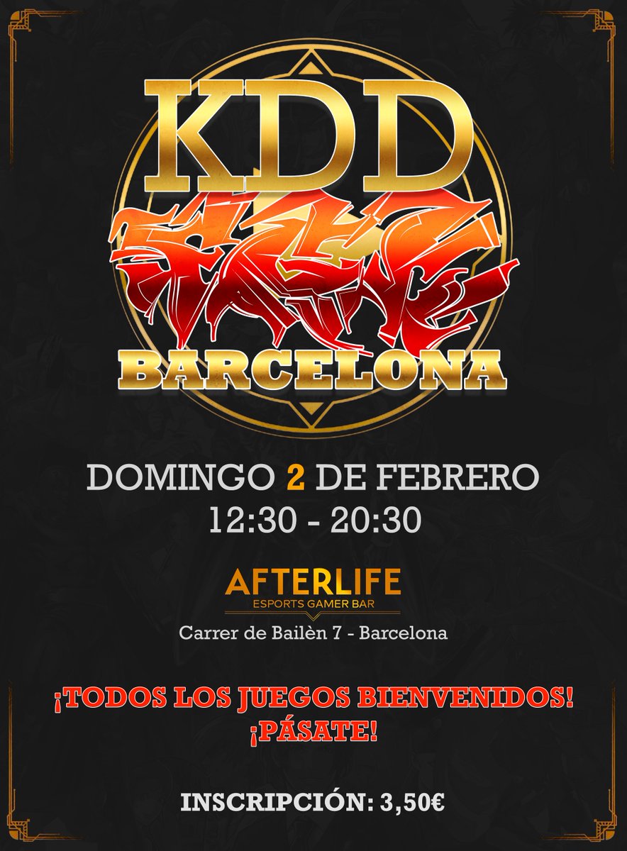 ¡VOLVEMOS AL <a href="/BarAfterlife/">Afterlife Gamer Bar - Barcelona</a> EN ARC DE TRIOMF!

En 2 semanas volvemos con las KDDs de la FGC en Barcelona en el nuevo local. Haremos horario extendido además, así que los que vengáis de lejos no tenéis excusa!

🕧12:30 - 20:30
🪙3,50€ (1 consumición incluida)
🗓️02-02-25