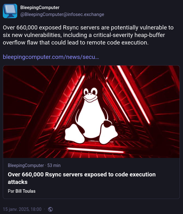 BlablaLinux's tweet image. C&apos;est bo Linux 💪
Je vois cette annonce de faille concernant #rsync 😱
Je me connecte à une machine, je vérifie les mises à jour, et… boom 💥, nouvelle version corrigée pour rsync 👊