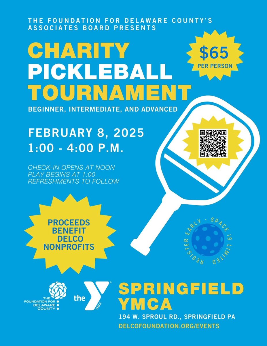 Brinker Simpson & Company (@brinkersimpson) on Twitter photo 🎾 Get Ready for the Ultimate Pickleball Showdown! Join us on Saturday, February 8, 2025, for the Charity Pickleball Tournament hosted by The <a href="/DelcoFdn/">The Foundation for Delaware County</a>’s Associates Board and <a href="/community_ymca/">Community YMCA</a>. 👉 Register now to secure your spot at delcofoundation.org/events 🎾 Get Ready for the Ultimate Pickleball Showdown! Join us on Saturday, February 8, 2025, for the Charity Pickleball Tournament hosted by The <a href="/DelcoFdn/">The Foundation for Delaware County</a>’s Associates Board and <a href="/community_ymca/">Community YMCA</a>. 👉 Register now to secure your spot at delcofoundation.org/events