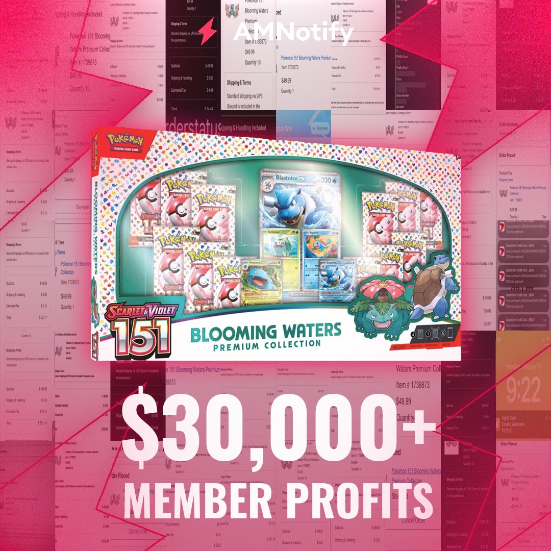 We bring the BLOOM! 💪

Our FREE auto-checkout service claimed hundreds of 151 Blooming Waters boxes for our members.

At $50 retail and $100+ resell market, that definitely gets five big BOOMS!