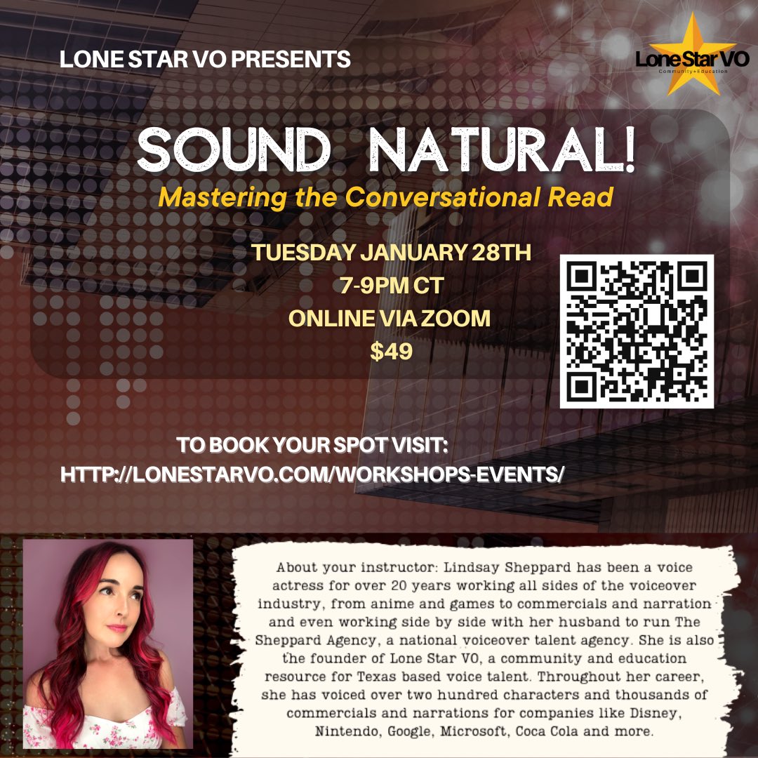 Only 5 spots left!

Learn how to sound natural in any voiceover genre! Get one on one direction from <a href="/LSheppardVO/">Lindsay Sheppard 🌈🧠 💖💜💙</a> on how to nail your natural read.
Tuesday January 28th 7-9pm CT
$49
Reserve your spot here: lonestarvo.com/workshops-even…
This class will be held via Zoom