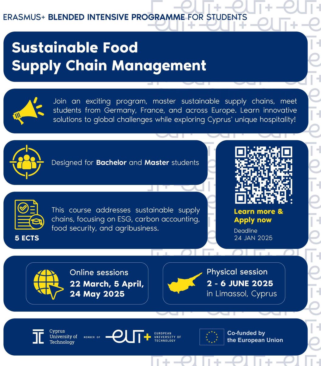 uni_cassino's tweet photo. BIP - Blended Intensive Programme in 'Sustainable Food Supply Chain Management' @CyUniTech #Unicas ℹ https://t.co/nlHzJj75Xd #ErasmusPlus #EUTPlus
@EuropUnivTech https://t.co/eE6xHYY7GV