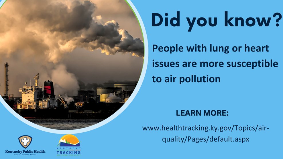 Air pollution refers to any biological, physical or chemical particle in the air that should not be there. To learn more about the sensitive populations air pollution affects, take a look at KY Tracking’s air quality page: healthtracking.ky.gov/Topics/air-qua…