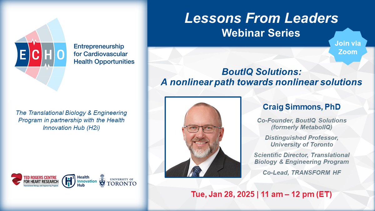 TBEP_UofT (@tbep_uoft) on Twitter photo Join us for our first ECHO Lessons from Leaders webinar of 2025, featuring Dr. <a href="/craigsimmons11/">Craig Simmons</a>, Co-Founder of BoutIQ Solutions (formerly MetabolIQ) - an early stage Canadian company with expertise in cell culture media optimization. Register in advance: us02web.zoom.us/meeting/regist… Join us for our first ECHO Lessons from Leaders webinar of 2025, featuring Dr. <a href="/craigsimmons11/">Craig Simmons</a>, Co-Founder of BoutIQ Solutions (formerly MetabolIQ) - an early stage Canadian company with expertise in cell culture media optimization. Register in advance: us02web.zoom.us/meeting/regist…