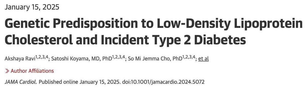 Satoshi Koyama (@skoyamamd) on Twitter photo We are excited to share our latest work, "Genetic Predisposition to Low-Density Lipoprotein Cholesterol and Incident Type 2 Diabetes," now published in JAMA Cardiology, led by the brilliant undergrad <a href="/akshayaravi22/">Akshaya Ravi</a>! 🎉
jamanetwork.com/journals/jamac… We are excited to share our latest work, "Genetic Predisposition to Low-Density Lipoprotein Cholesterol and Incident Type 2 Diabetes," now published in JAMA Cardiology, led by the brilliant undergrad <a href="/akshayaravi22/">Akshaya Ravi</a>! 🎉
jamanetwork.com/journals/jamac…