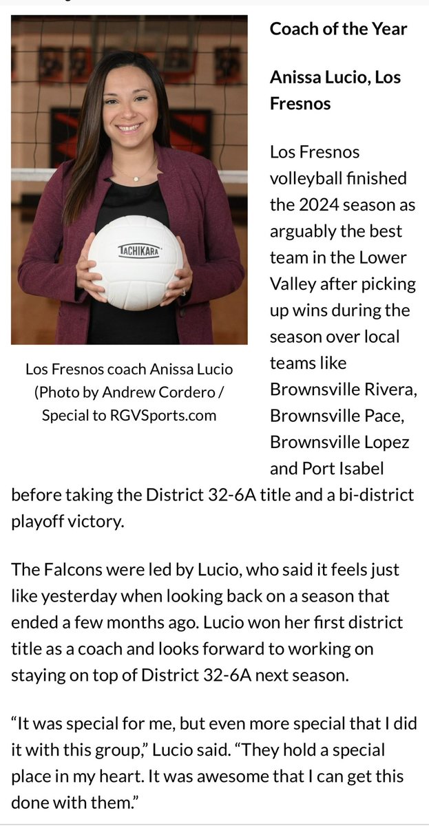 We are so proud of our Lady Falcon Head Volleyball 🏐 Coach, Anissa Lucio!  Well deserved recognition!  And, Kudos as well to her First Assistant, Norma Peña…SUPER SEASON &amp; TEAM in ‘24! <a href="/LFHSGirlsVBALL/">LFHS Girls’ Volleyball</a>