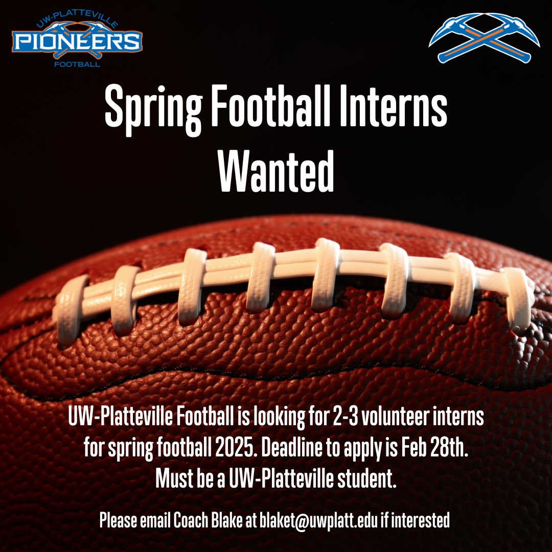UW-Platteville Football (@uwplattfootball) on Twitter photo Looking for a future in sports? We have some opportunities coming up in the Spring! Please email Coach Blake at blaket@uwplatt.edu if interested Looking for a future in sports? We have some opportunities coming up in the Spring! Please email Coach Blake at blaket@uwplatt.edu if interested