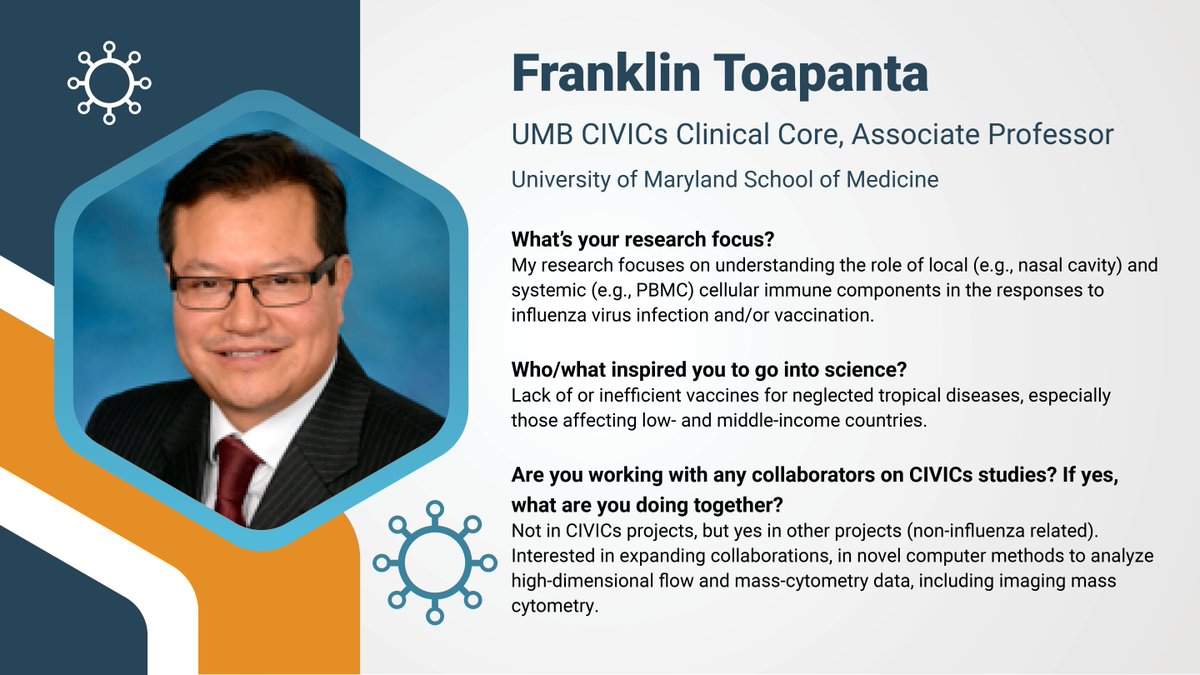 Member of UMB CIVICs Clinical Core and Associate Professor, Franklin Toapanta, studies the roles of local and systemic cellular immune components in response to influenza. Inequities in vaccine accessibility inspired him to go into science and pursue vaccine research. #meetCIVICs