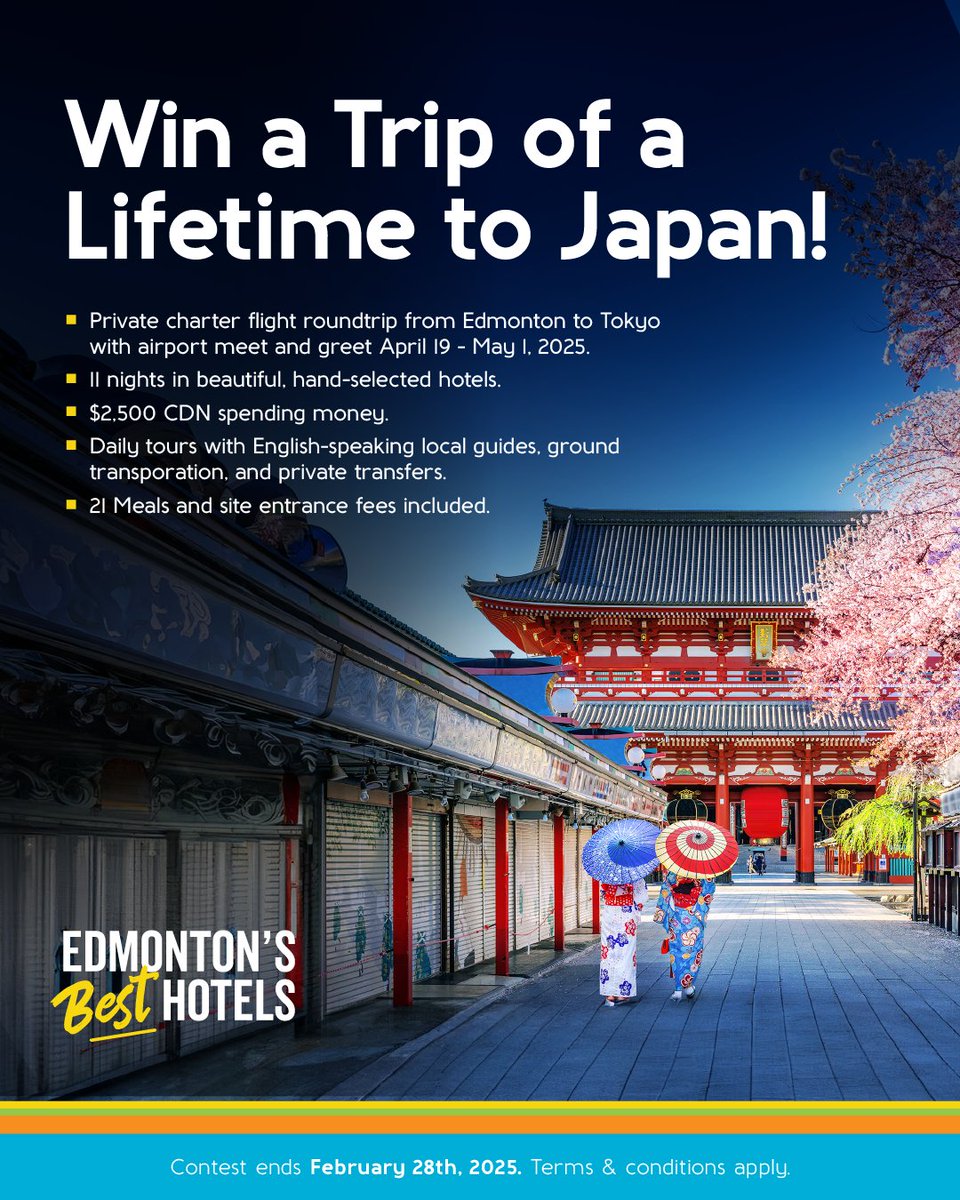edmbesthotels's tweet image. Win a Trip to Japan! 
📅 April 19–May 1, 2025
✈️ Private charter flight (Economy Class)
🏨 11-night all-inclusive tour
💸 $2,500 spending money
🗓️ Contest closes Feb 28—Enter here: edmontonsbesthotels.com/enter-our-cont…
#TripOfALifetime #ExploreJapan #WinATrip