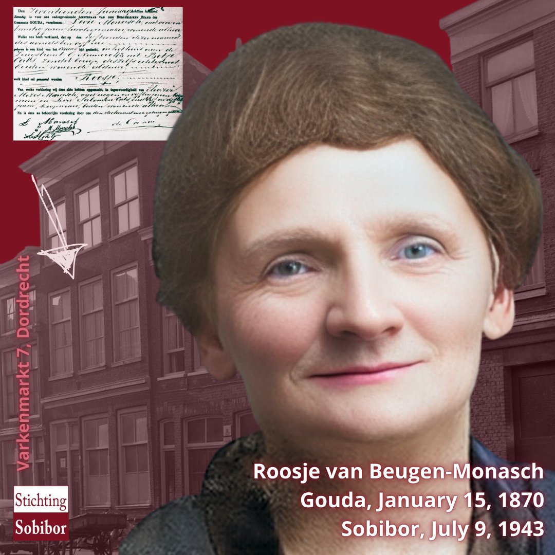 15.01.1870 | Roosje van Beugen-Monasch was a daughter of Levie Monasch and Betje Cats. From August 30, 1920, she lived at Varkenmarkt 7 in Dordrecht. This was the official residence of the Jewish community. Roosje was murdered in
#Sobibor in July 1943. 👇🏼1/7