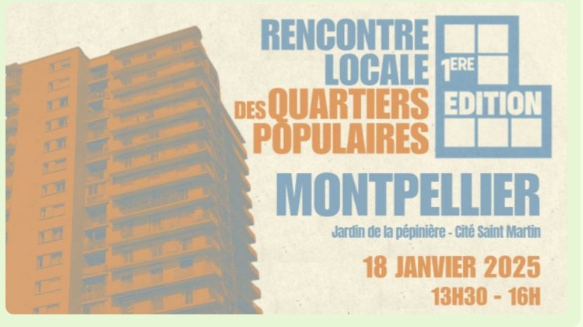 "On viendra, ne lachez rien ! "

🔴 Rencontres locales des quartiers populaires organisées par <a href="/FranceInsoumise/">La France insoumise</a> c'est aussi à #Montpellier ! 

👉 Samedi 18 janvier - Rencontre Cité St Martin

👉 Vendredi 24 janvier -Rencontre Pergola Petit Bard