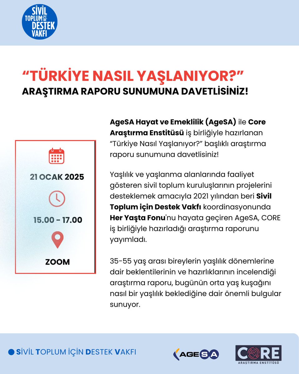 Sivil Alan (@sivilalan) on Twitter photo '<a href="/AgeSAHE/">AgeSA Hayat Emeklilik</a> ile <a href="/corearastirma/">CORE</a> iş birliğiyle <a href="/destekvakfi/">Sivil Toplum için Destek Vakfı</a> tarafından hazırlanan “Türkiye Nasıl Yaşlanıyor?” başlıklı araştırma raporu sunumuna davetlisiniz!
📍 Son kayıt tarihi: 20 Ocak Pazartesi
sivilalan.com/2025/01/13/tur… '<a href="/AgeSAHE/">AgeSA Hayat Emeklilik</a> ile <a href="/corearastirma/">CORE</a> iş birliğiyle <a href="/destekvakfi/">Sivil Toplum için Destek Vakfı</a> tarafından hazırlanan “Türkiye Nasıl Yaşlanıyor?” başlıklı araştırma raporu sunumuna davetlisiniz!
📍 Son kayıt tarihi: 20 Ocak Pazartesi
sivilalan.com/2025/01/13/tur…