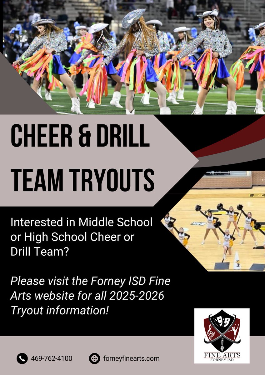 Interested in Middle School or High School Cheer or Drill Team? Please visit the Forney Fine Arts website for all 2025-2026 Tryout information. forneyfinearts.com

If you have any questions about tryouts, please contact the campus cheer or drill team sponsor.